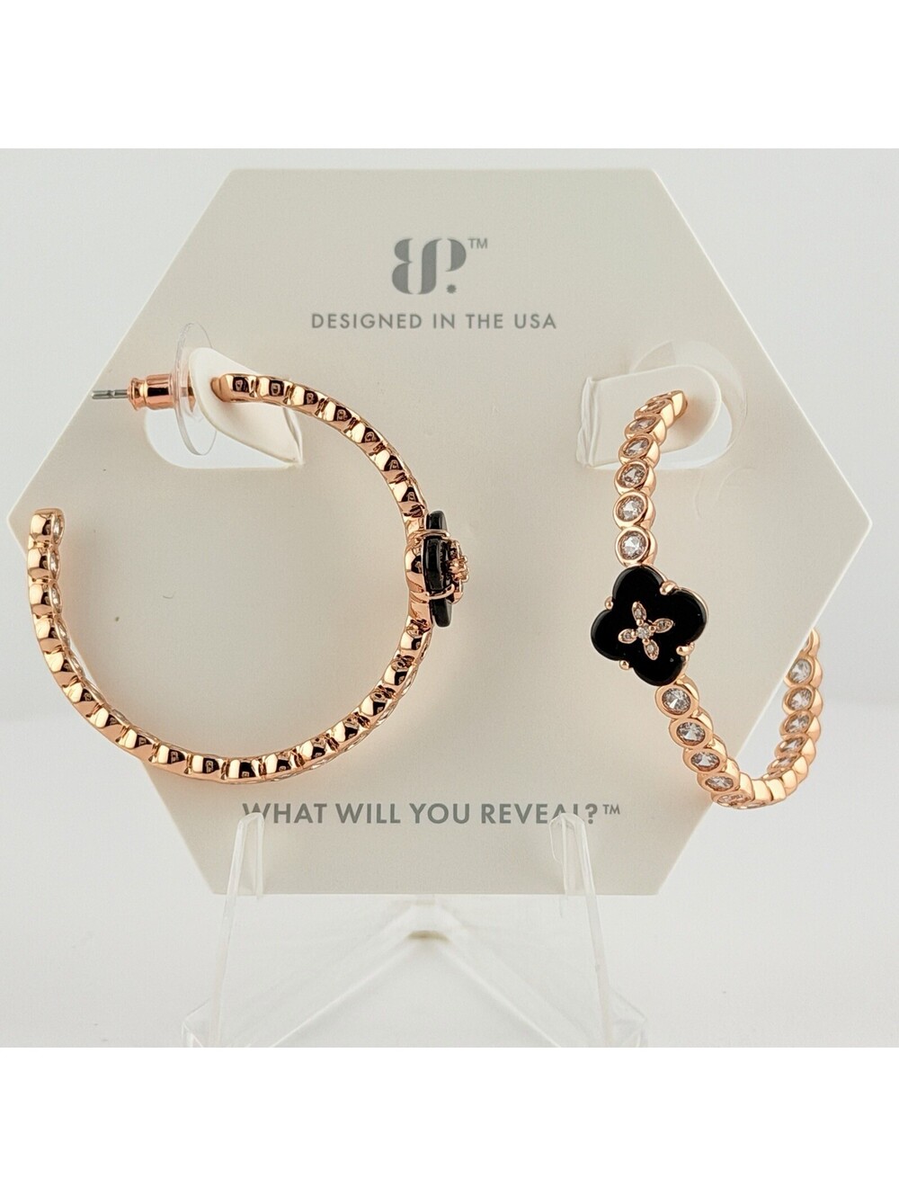 Bomb Party Hoops "The Gwenn Earrings" Black Onyx on Rose Gold Clover